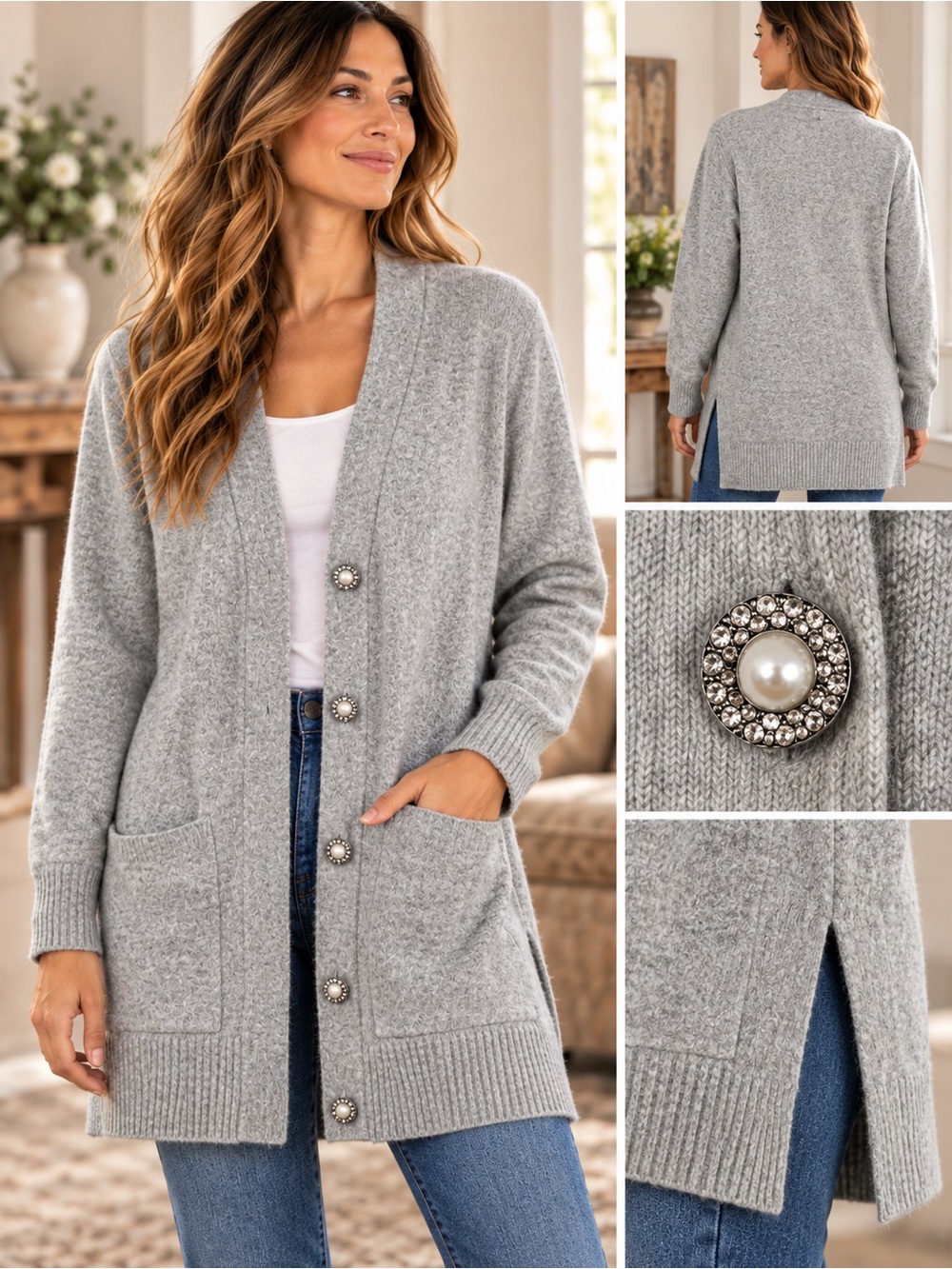 Talbots Longline Cardigan M Gray Wool Alpaca Blend Pearl Rhinestone Buttons